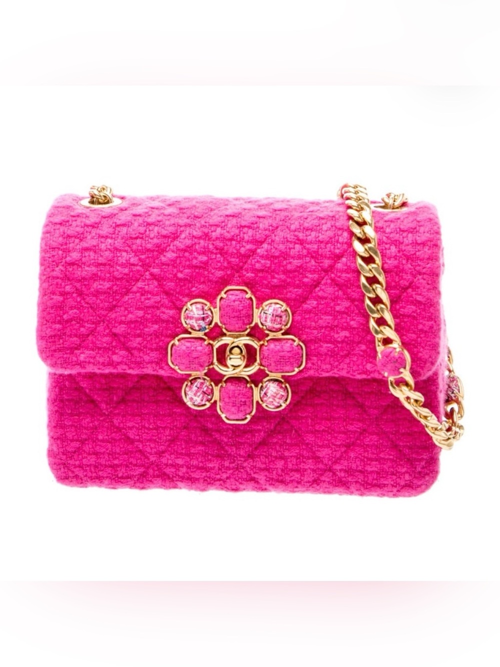Chanel Pink Tweed Quilted Chain Shoulder Bag with Floral Turn-Lock